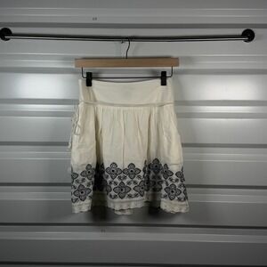 Lucky Brand Womens Small White Cotton Embroidered Boho Mini Skirt Black Floral